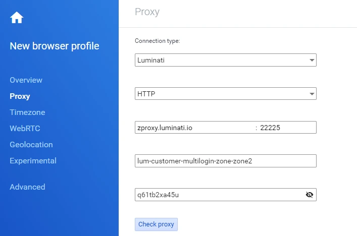 Multilogin proxy setup screen with built-in residential proxy configuration
