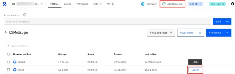 Multilogin profile launch workflow screenshot