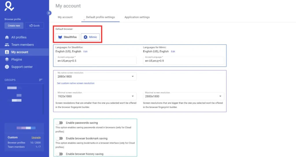 Multilogin browser settings screenshot on the use cases guide